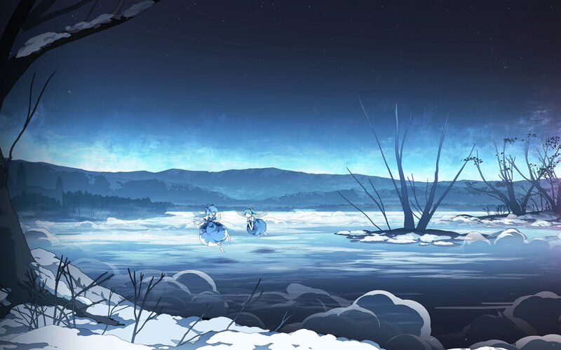 Two Characters on Ice — Blue, Serene, Night, Anime