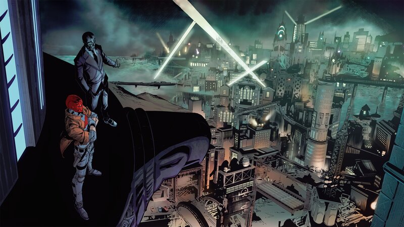 Two Characters on Rooftop — Black, Dramatic