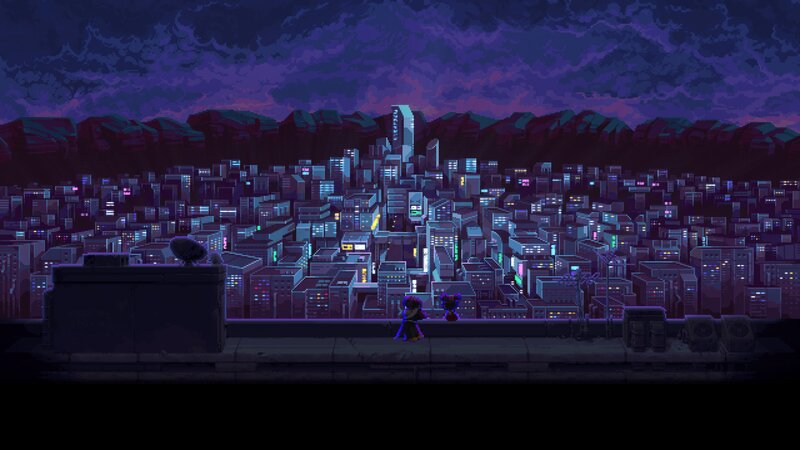 Two Characters on Rooftop — Purple, Dramatic, Night