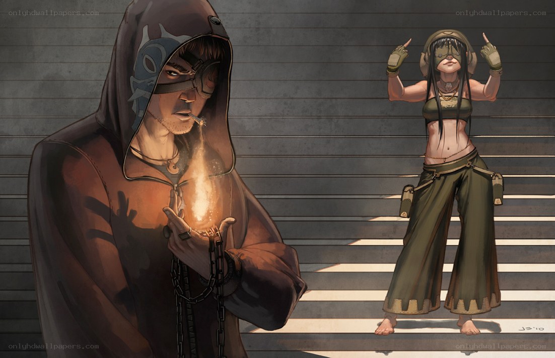 Two characters on stairs