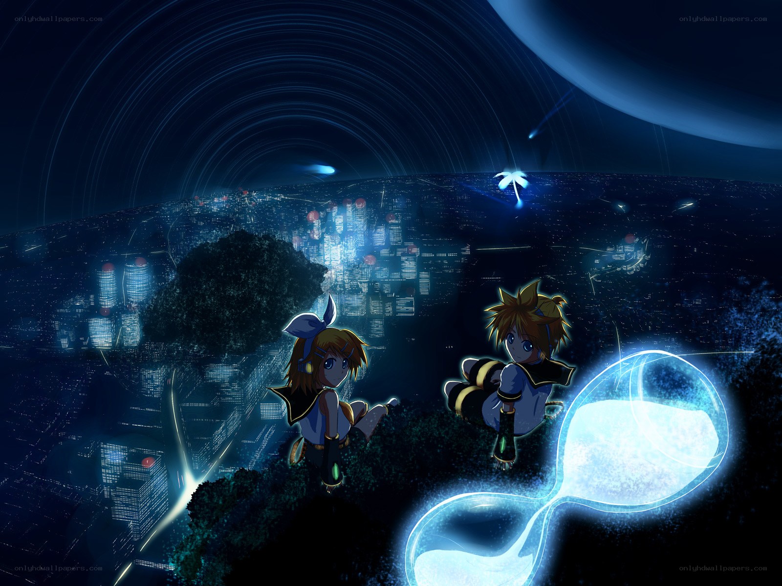 Two characters overlooking a city at night