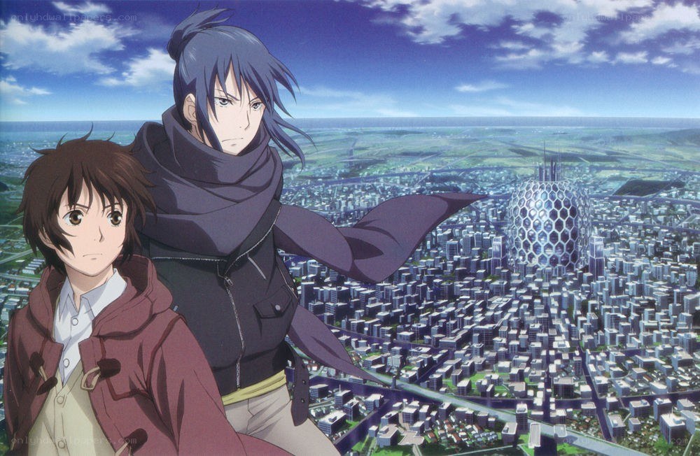 Two characters overlooking a futuristic city