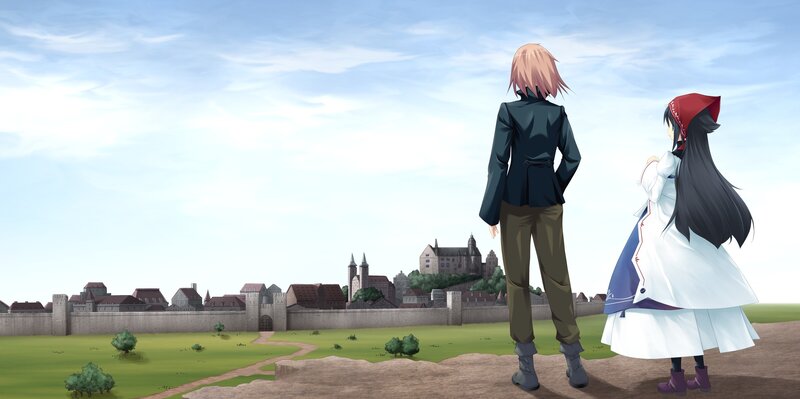 two characters overlooking a town