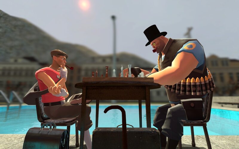 Two characters playing chess by pool
