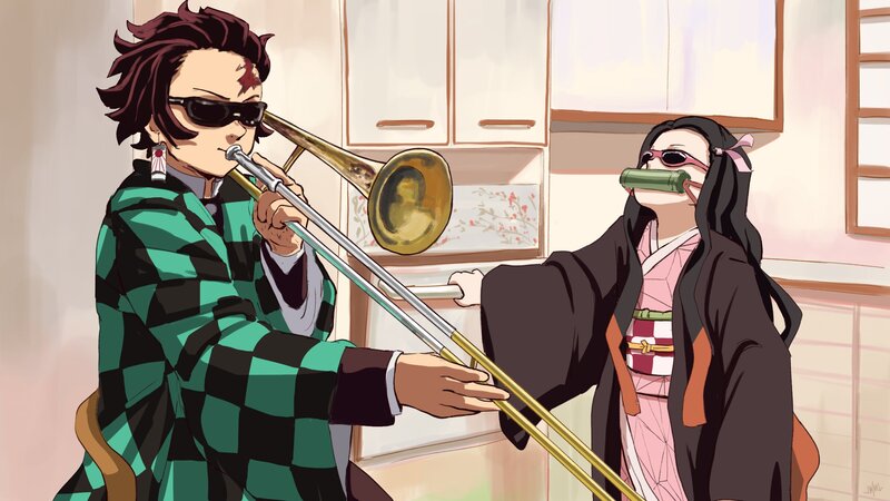 Two Characters Playing Instruments — Green