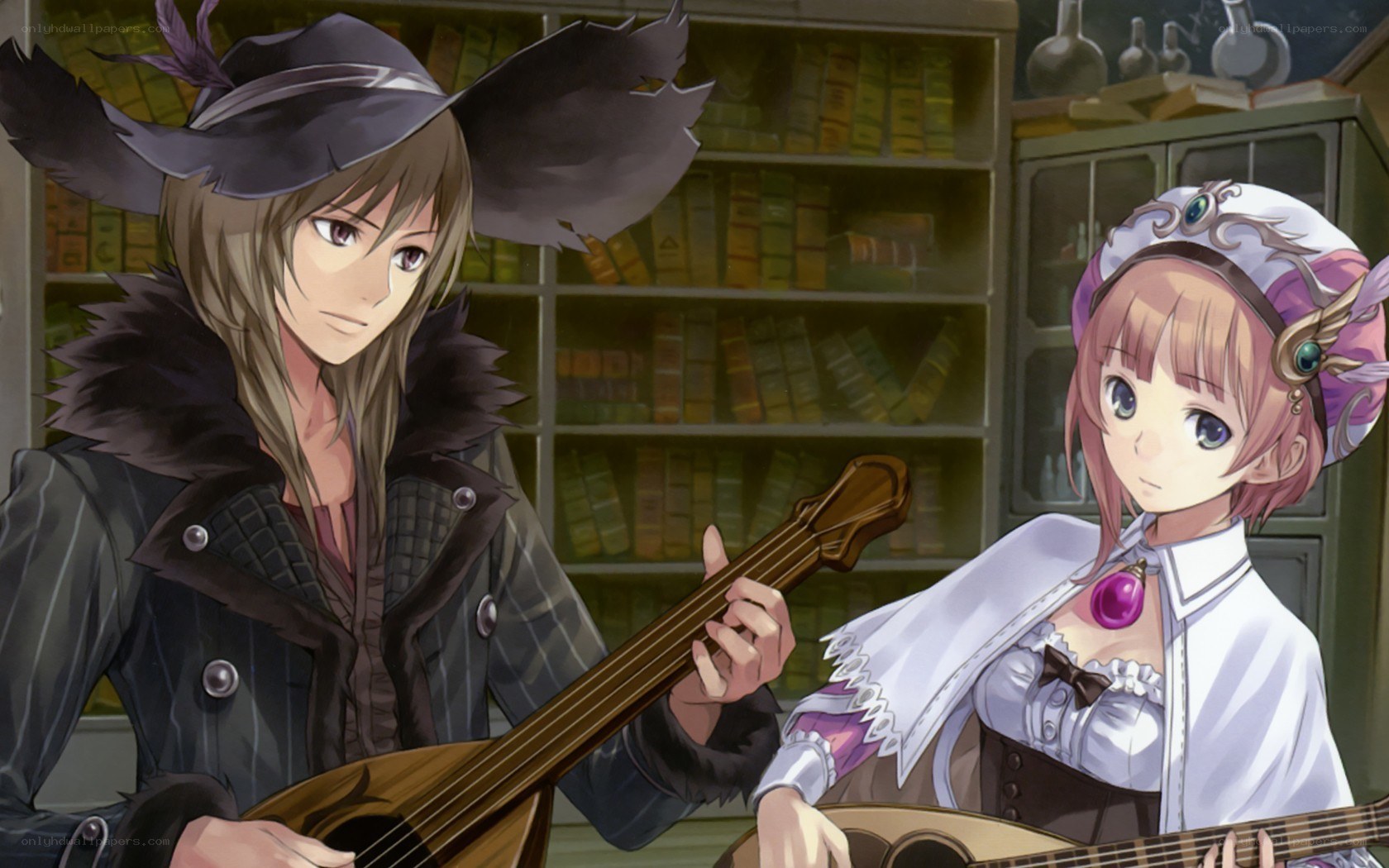Two characters playing lutes