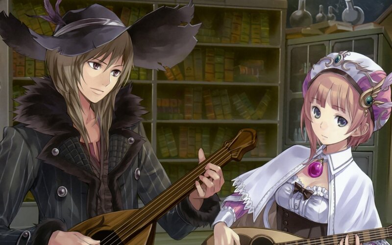 Two characters playing string instruments