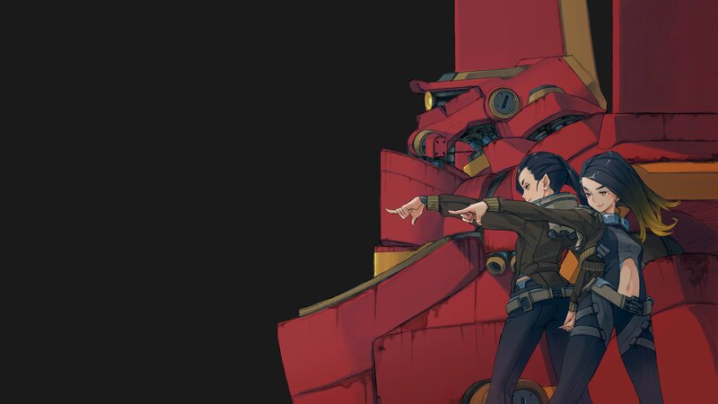 Two Characters Pointing — Red