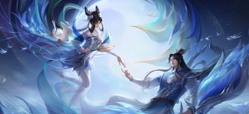 Two Characters Reaching — Blue, Serene