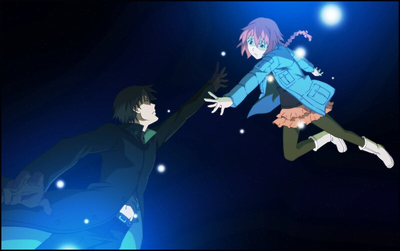 Two Characters Reaching — Blue