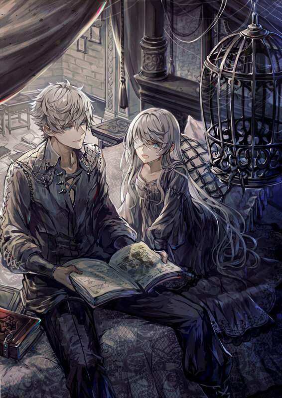 Two Characters Reading Book — Gray