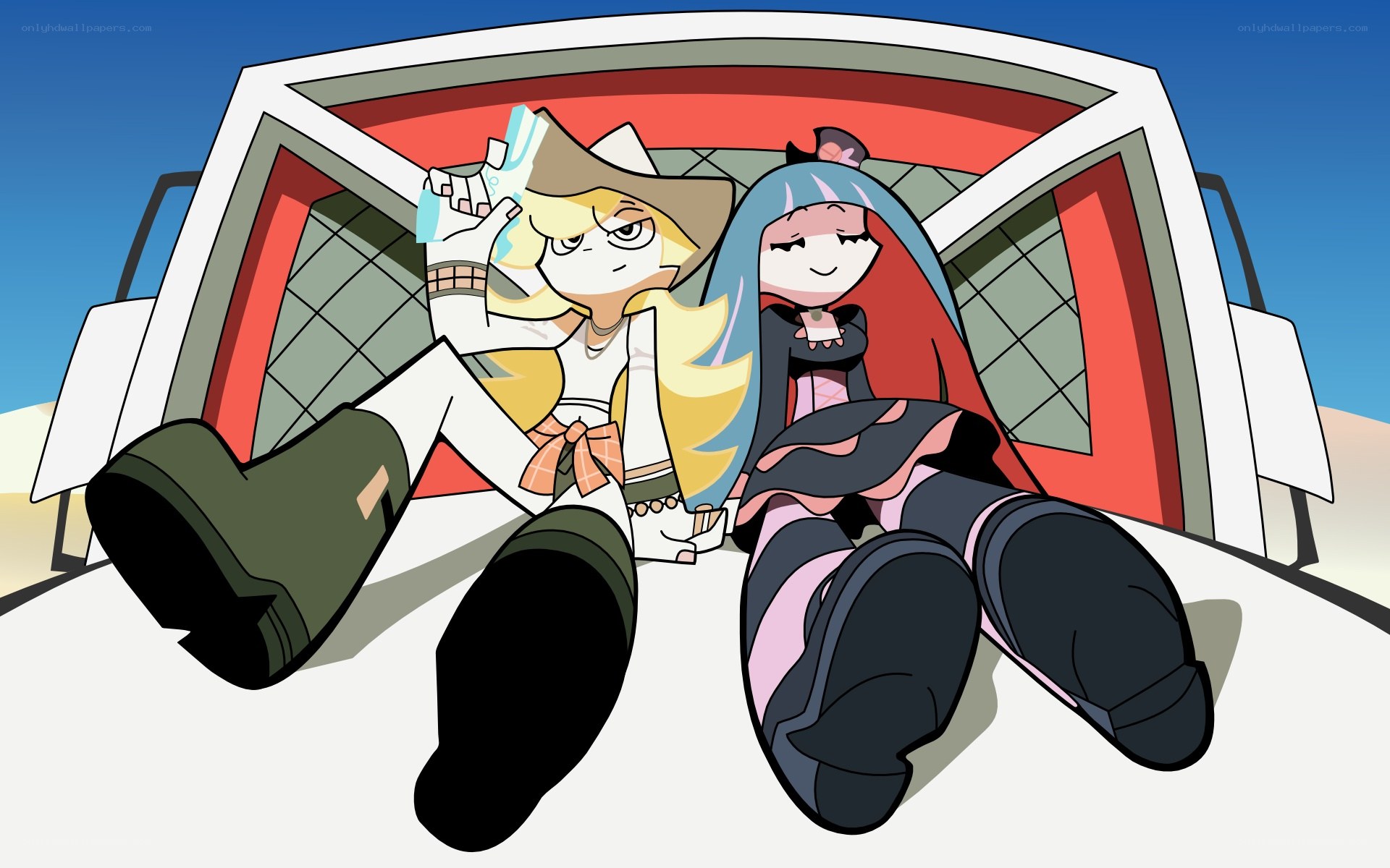 two characters relaxing in vehicle