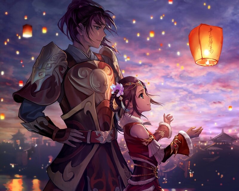Two Characters Releasing Lanterns