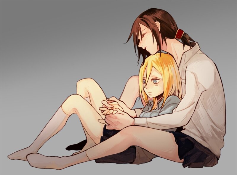 Two Characters Sitting — Gray, Calm, Manga