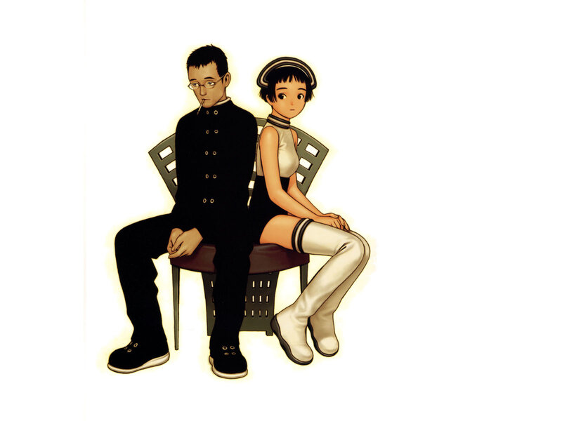 Two characters sitting on a bench
