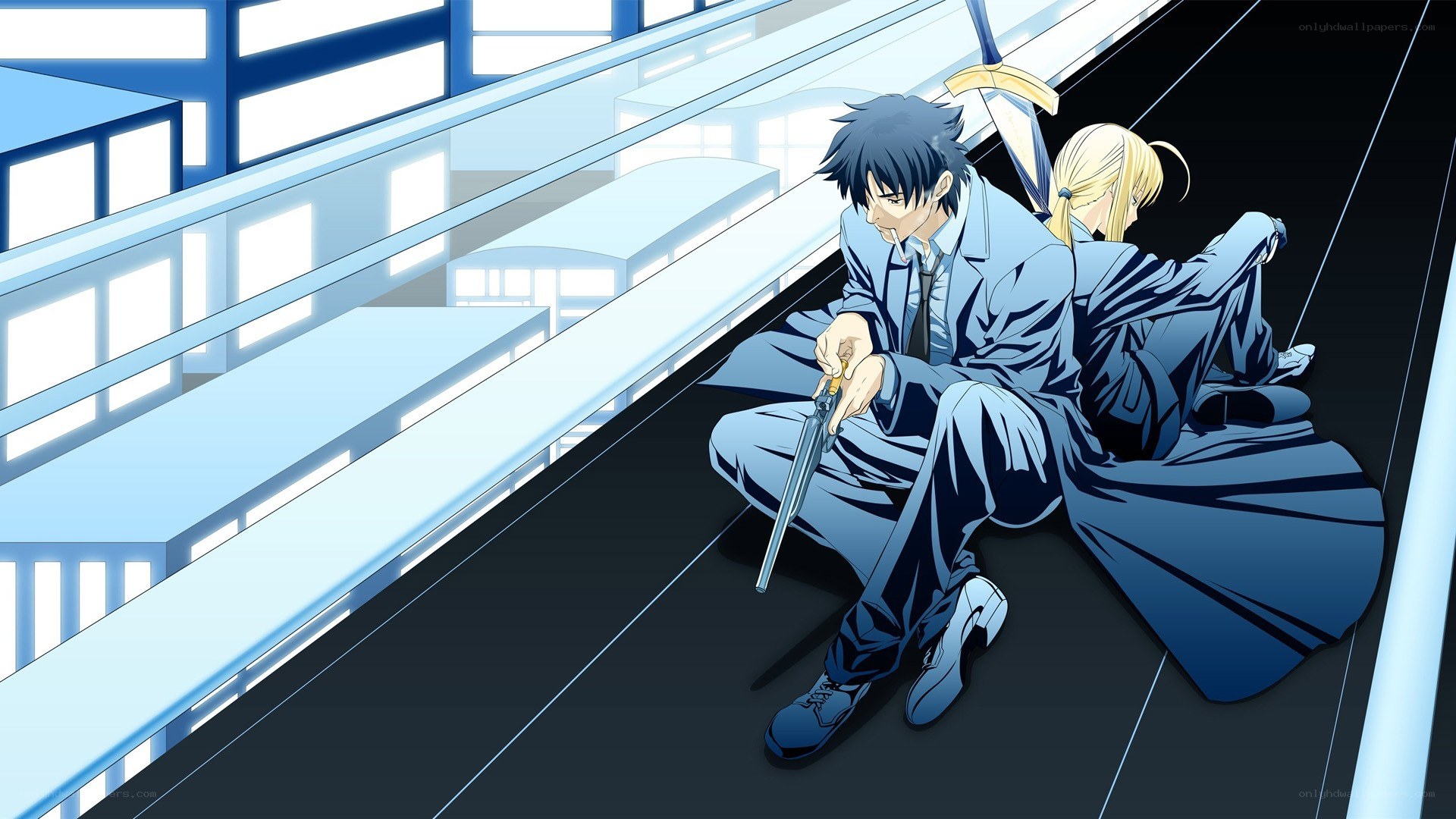 Two characters sitting on a platform