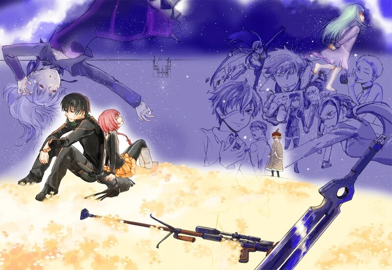 Two Characters Sitting — Purple, Dramatic, Night