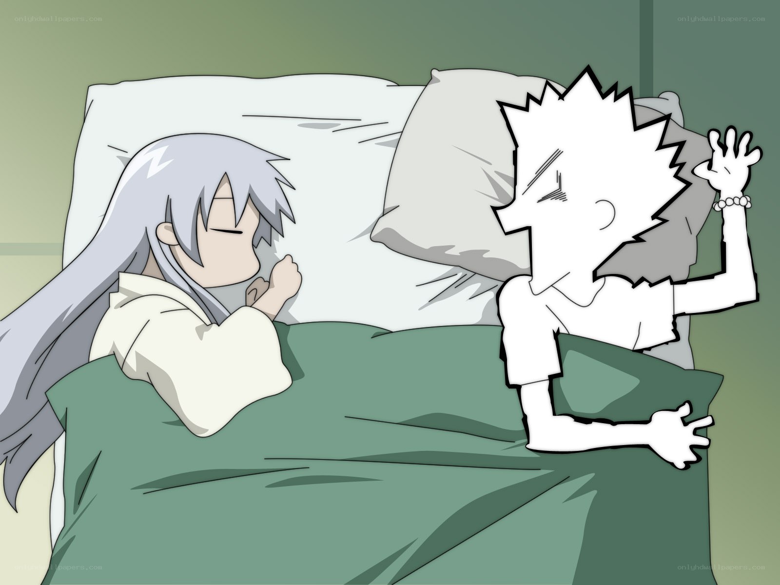 Two characters sleeping in bed