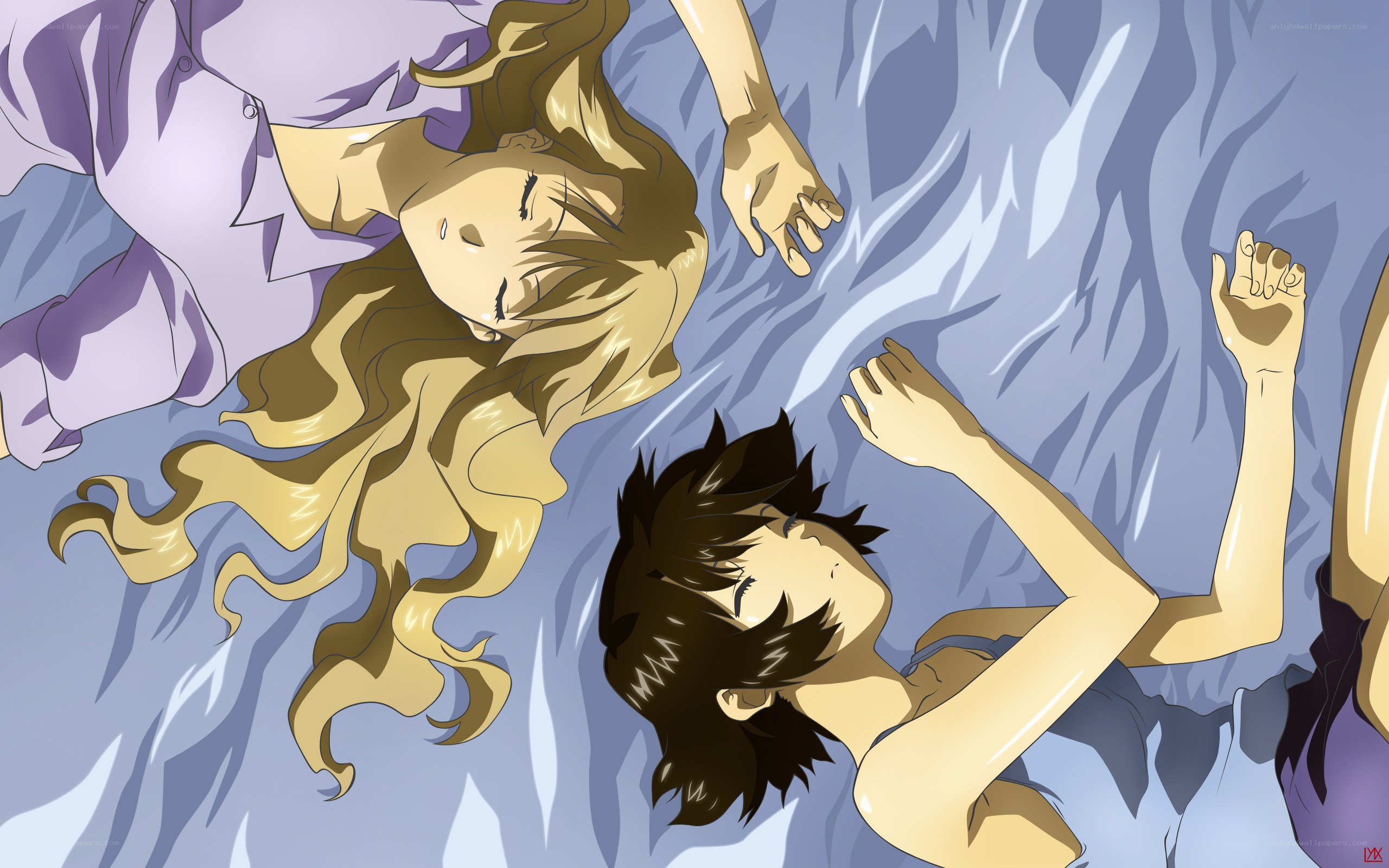 Two characters sleeping on a bed