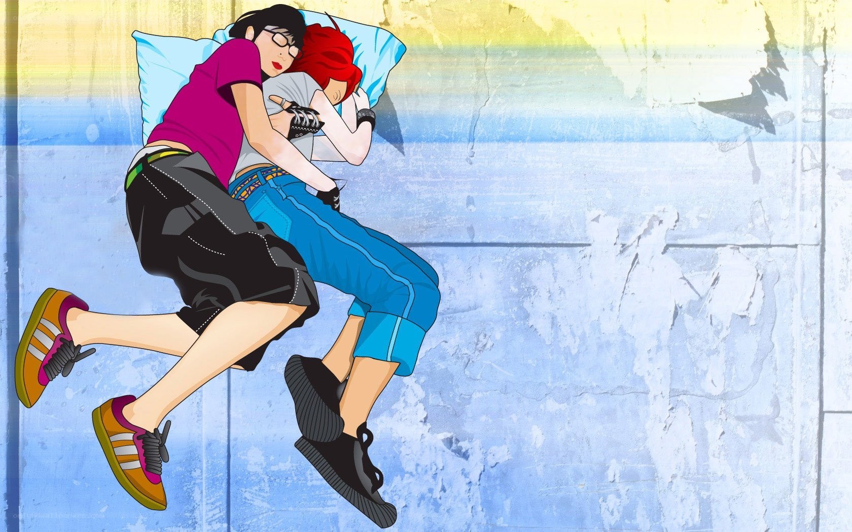 Two characters sleeping together