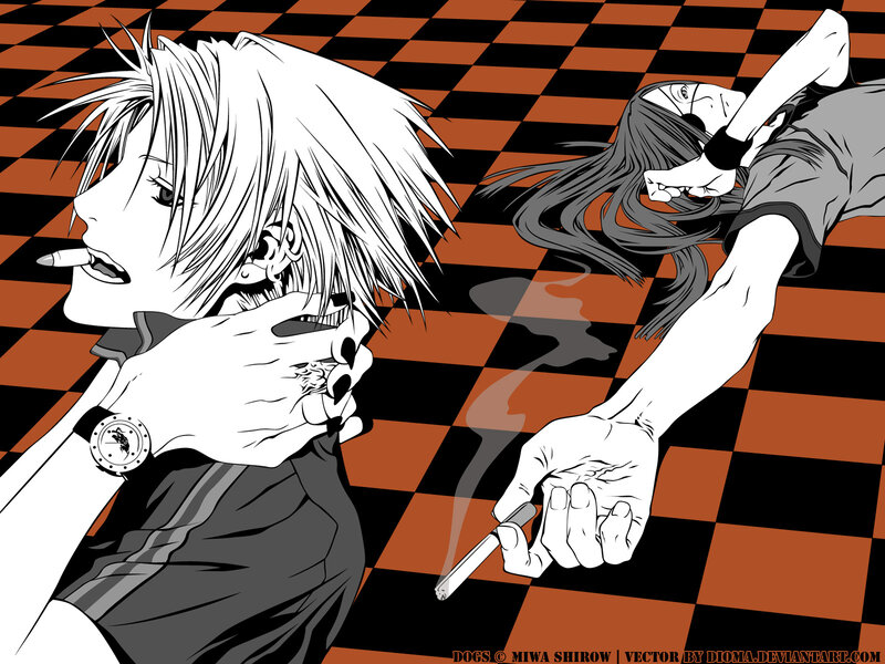 Two characters smoking on checkered floor