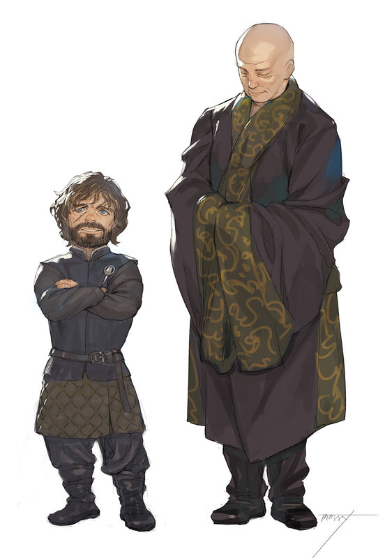 Two Characters Standing — Brown, Serious