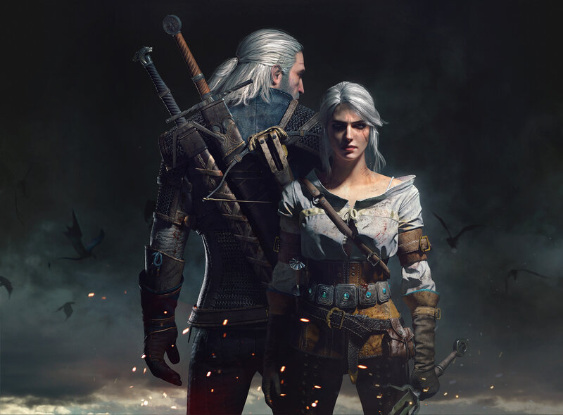 Two Characters Standing — Gray, Dramatic, Night, Digital Art, Swords, Birds
