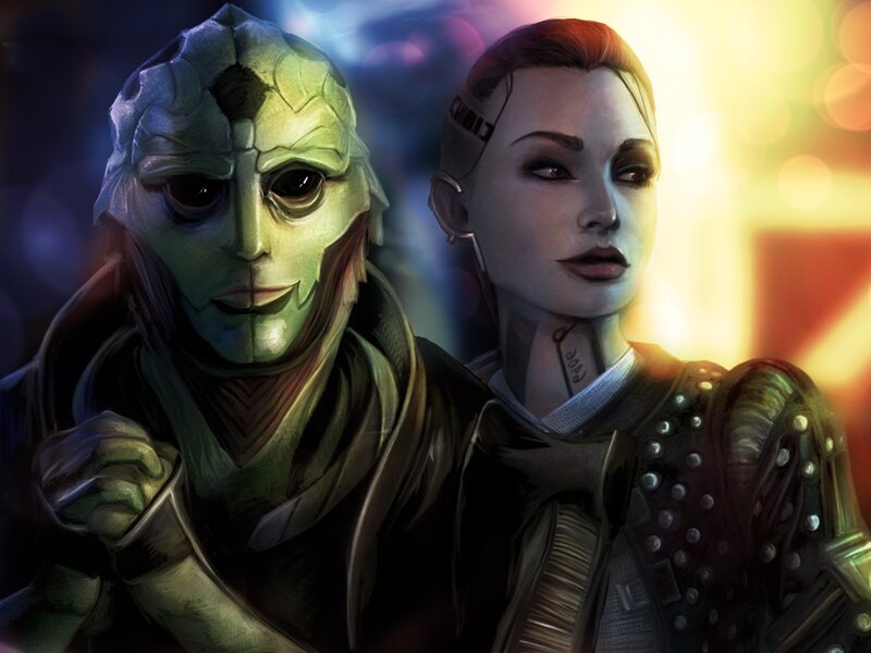 Two Characters Standing — Green, Dramatic, Digital Art