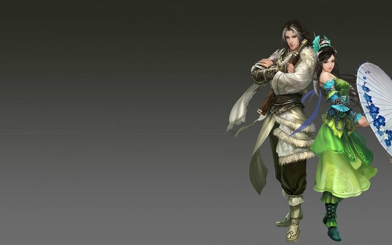 Two Characters Standing — Green, Dramatic