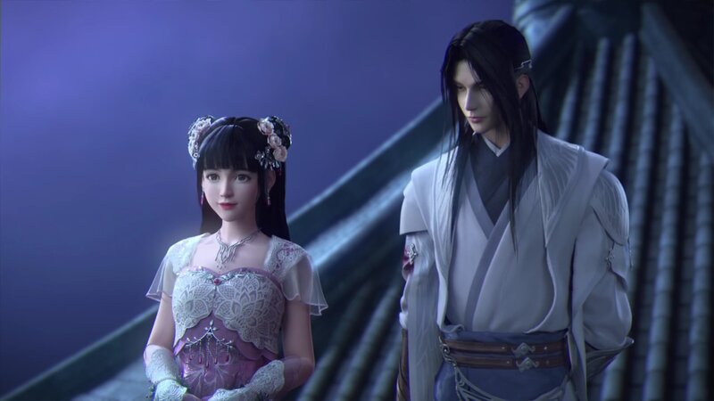 Two Characters Standing — Purple, Dramatic