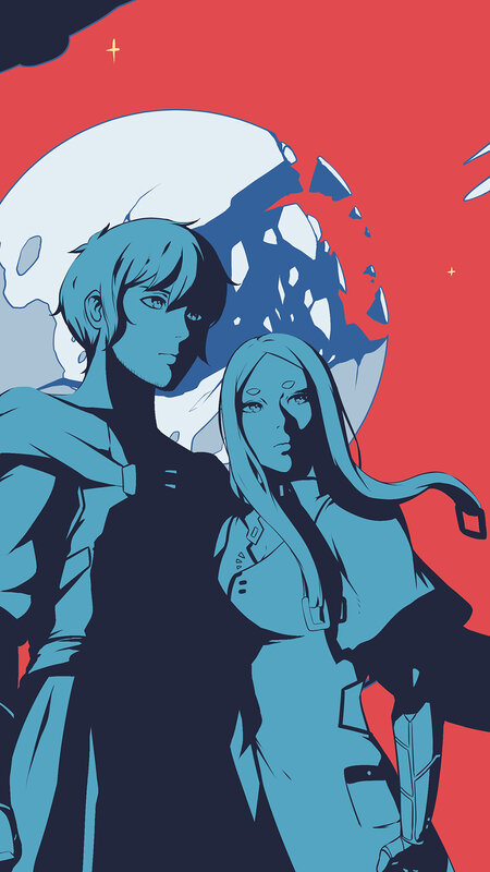 Two Characters Standing — Red, Dramatic, Night