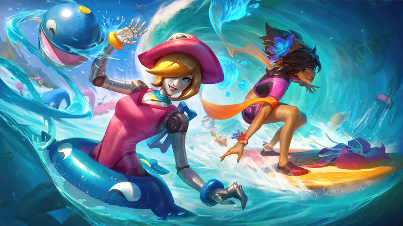 Two Characters Surfing — Blue