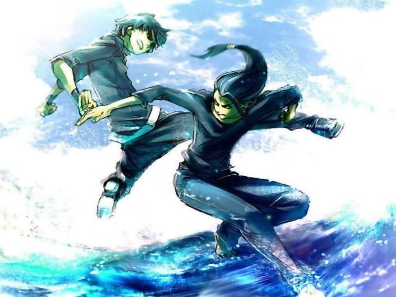 Two Characters Surfing