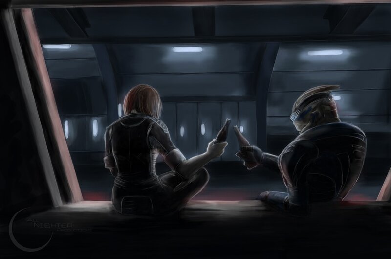 two characters toasting in a corridor