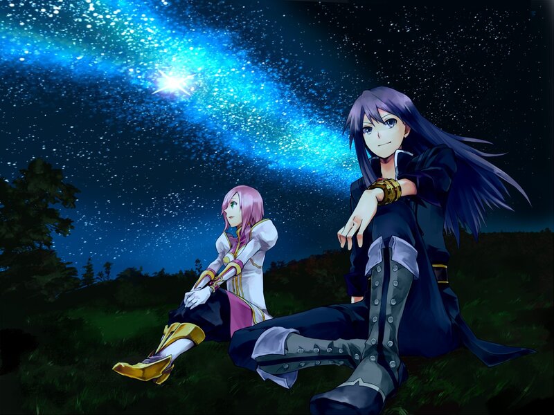 Two characters under a starry sky