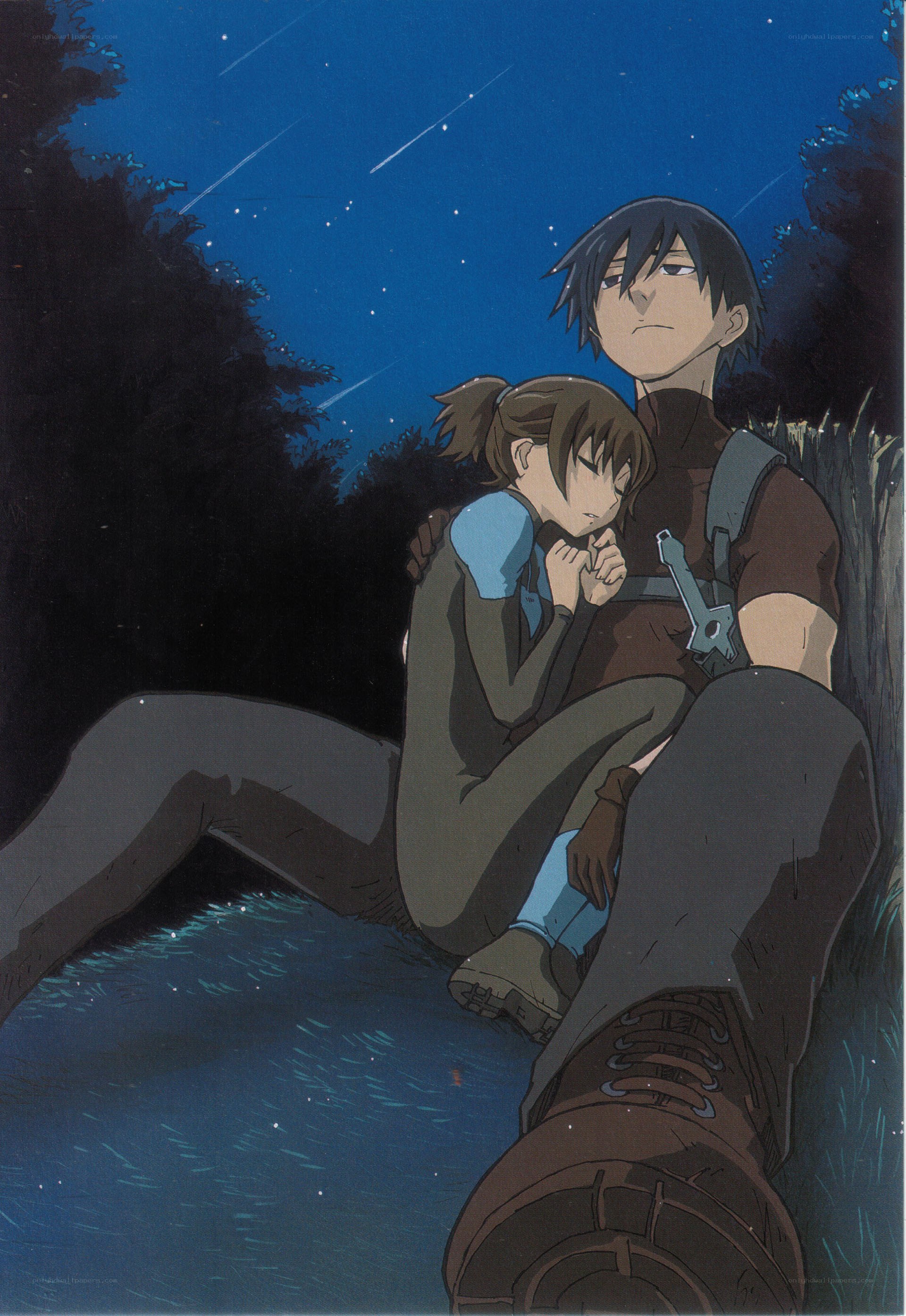 Two characters under a starry sky