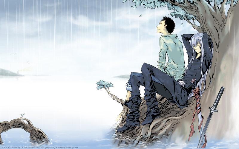 Two characters under a tree in the rain