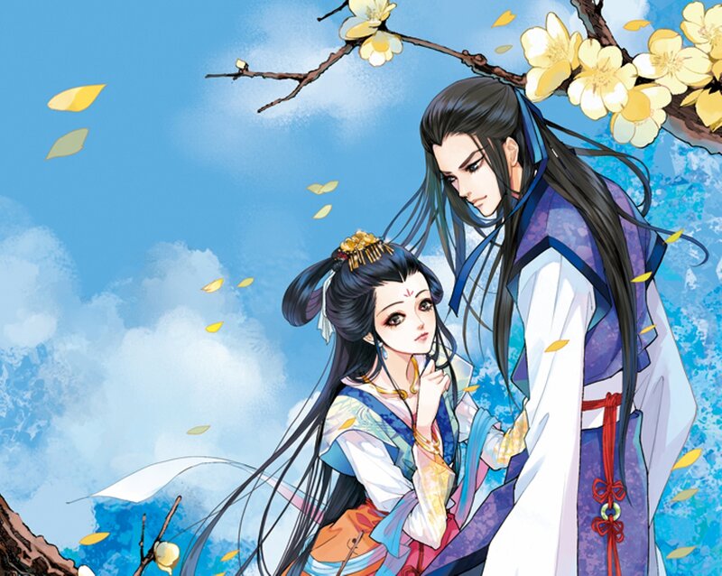 Two Characters under Blossoms — Blue