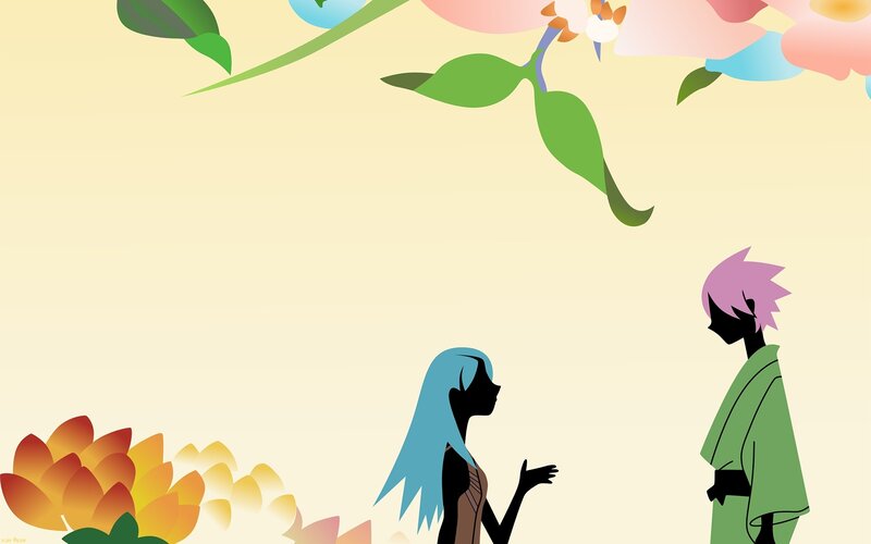 two characters under blossoms