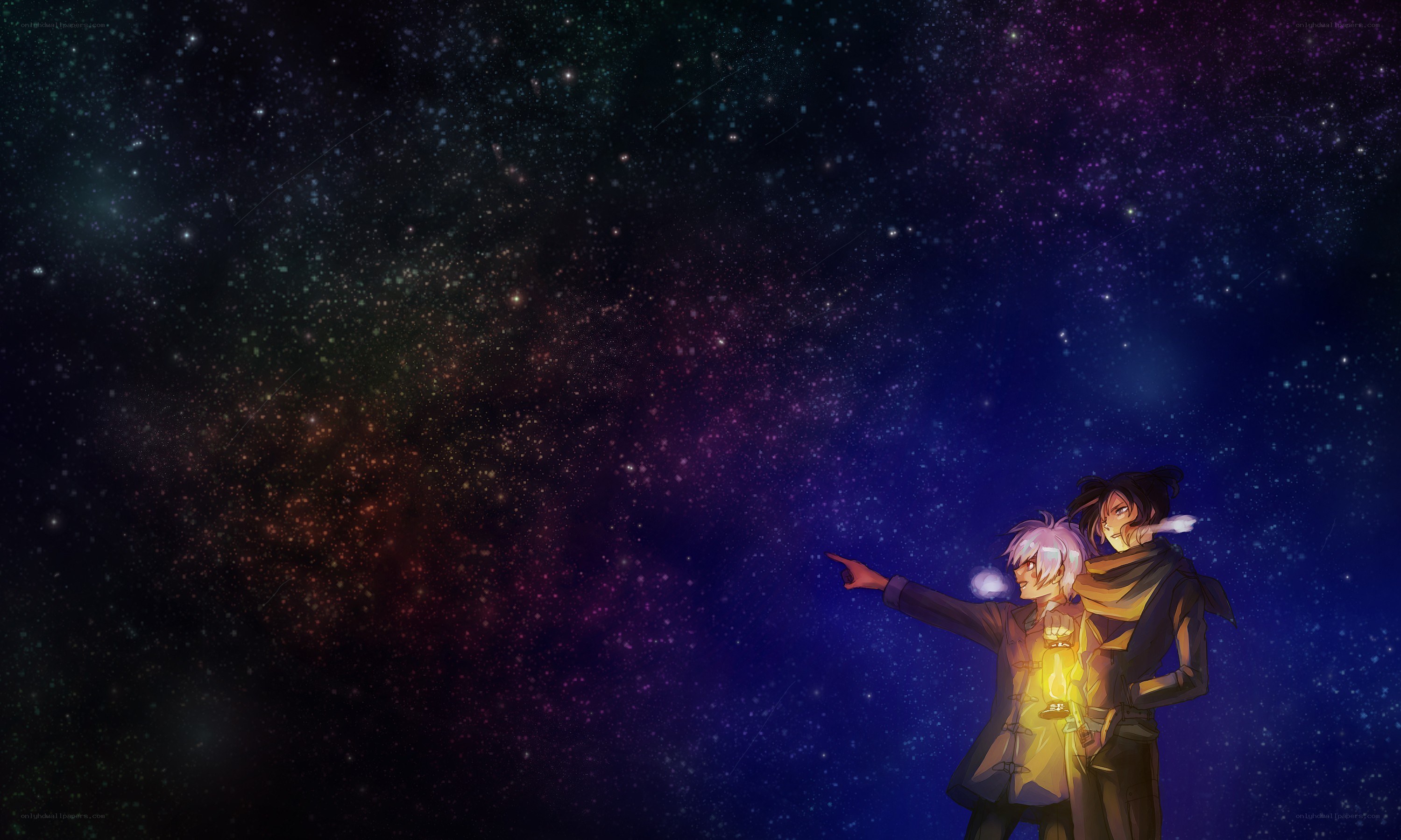 two characters under starry sky