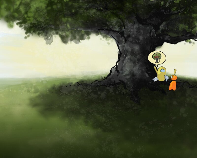 Two Characters under Tree — Green, Serene, Morning