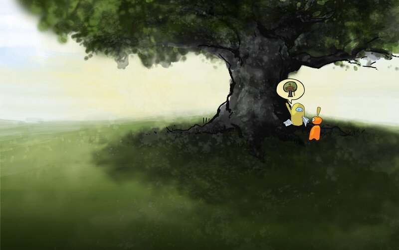 Two Characters under Tree — Green, Serene