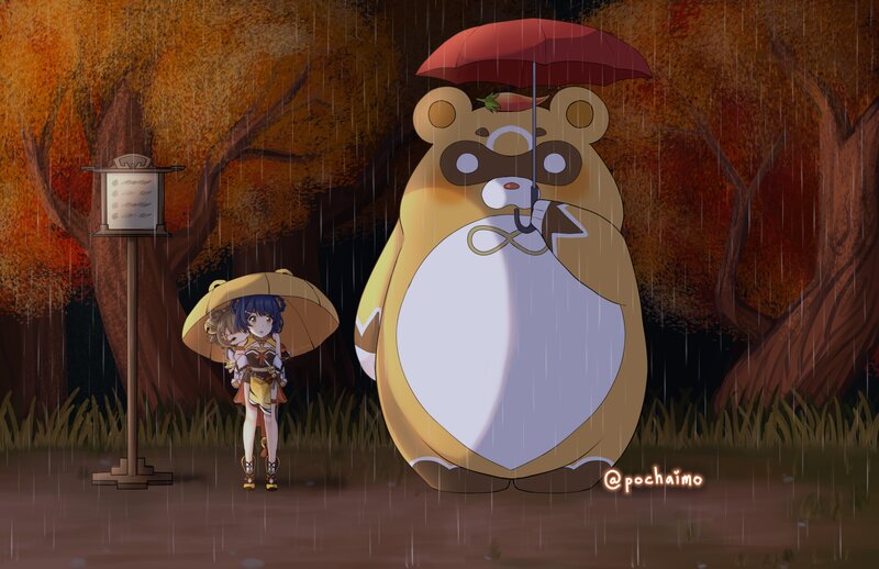 Two Characters under Umbrellas