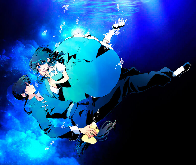 Two Characters Underwater — Blue, Dramatic, Anime, Bubbles, Clothing