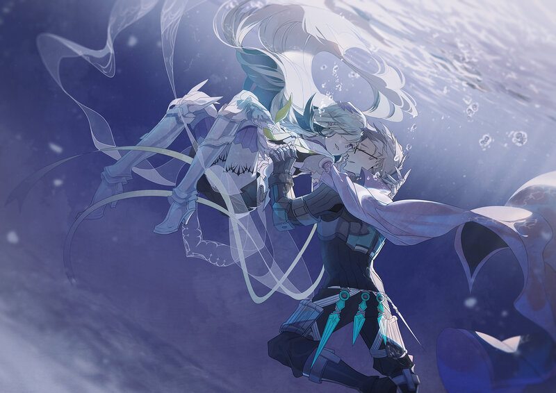 Two Characters Underwater — Blue, Dramatic, Digital Art, Bubbles