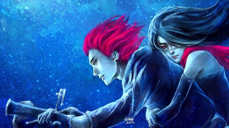 Two Characters Underwater — Blue, Dramatic, Digital Art, Red Hair