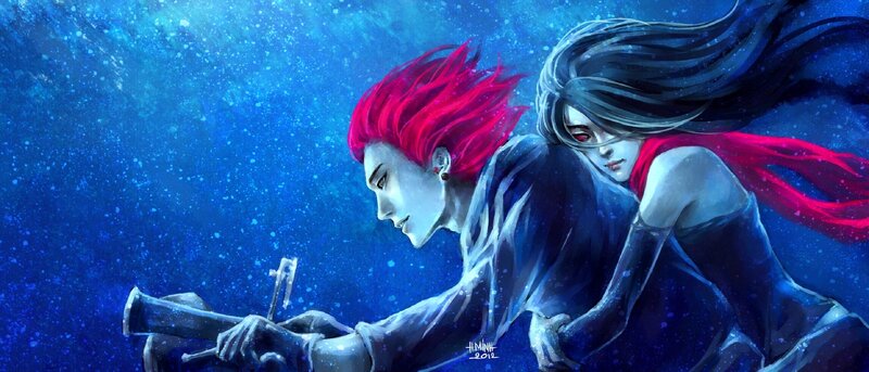 Two Characters Underwater — Blue, Dramatic, Digital Art