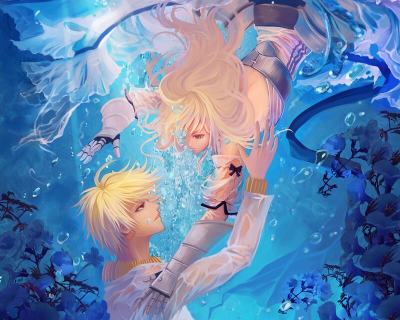 Two Characters Underwater — Blue, Serene, Anime, Bubbles, Flowers