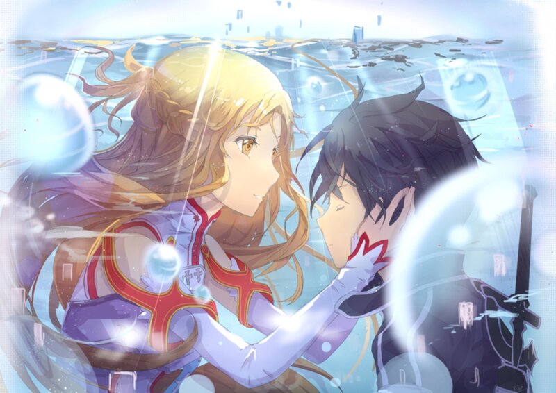 Two Characters Underwater — Blue, Serene, Anime, Bubbles, Sword