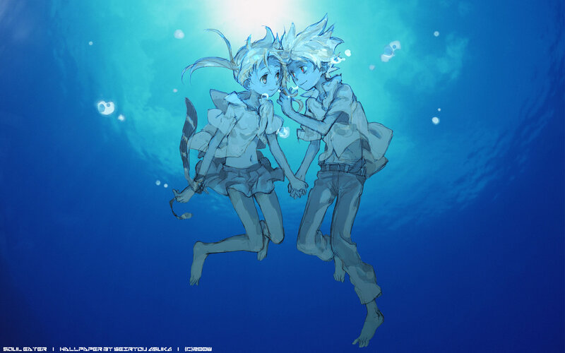 Two Characters Underwater — Blue, Serene, Anime, Bubbles
